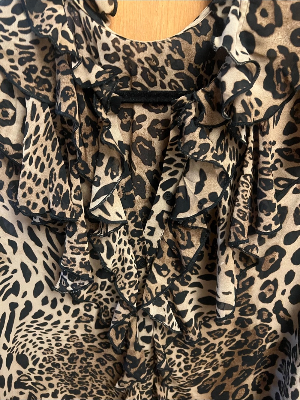 Leopard Ruffle V-Neck Blouse - Tan/Black - Picture 3 of 4